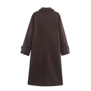 Detailed back view of a dark brown long wool coat featuring elegant cuff straps and structured seam