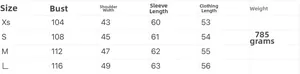 Detailed size chart for faux fur jacket including bust, shoulder, sleeve and length data