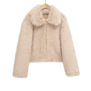 Women Faux Fur Jacket Winter Lapel Long Sleeve Plush Coat Streetwear Khaki Casual Solid Color Warm Short Outerwear Zipper Jacket