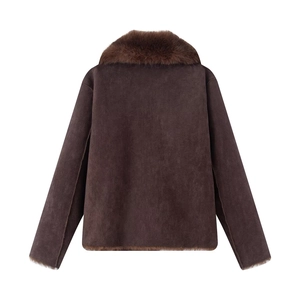Rear view of brown faux fur reversible jacket with plush collar and suede texture