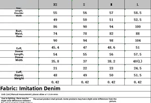 Detailed size chart for women's denim jacket and pants set with CM measurements