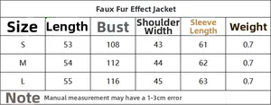 Tableau des tailles pour veste en fausse fourrure avec mesures de longueur, buste et manches