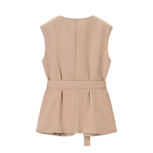 Rear view detail of khaki sleeveless vest jacket with adjustable waist tie and back seam