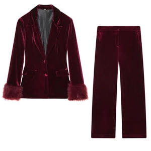 Blazer e Pantaloni da Donna Vintage di Lusso in Velluto Set Top And Bottom Borgogna Poliestere Fodera in Pelliccia Sintetica Completo