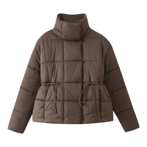 Women Short Puffer Jacket Stand Collar Quilted Cotton Padded Coat With Waist Drawstring Casual Warm Outerwear Brown Jacket