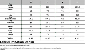 Detailed size chart for slim fit denim jacket and pants set with measurements in cm