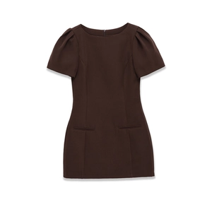 Slim fit dark brown mini dress with crew neck and puff sleeves on white background