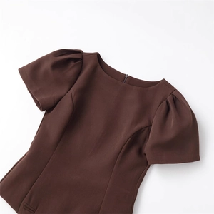 Slim fit dark brown mini dress with crew neck and puff sleeves on white background