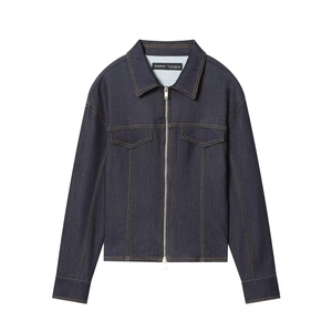 Detail of dark blue denim jacket with full zipper and dual front utility chest pockets