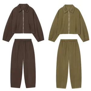 Women Casual Zipper Jacket And High Waist Pants Outfits Streetwear Solid Color Polyester Long Sleeve Top And Trousers