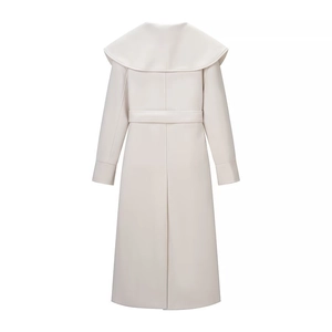 Back view of a beige long wool coat featuring a large shawl collar and stylish waist belt