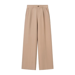 Detail of khaki wide-leg suit trousers with waist pleats and front button closure