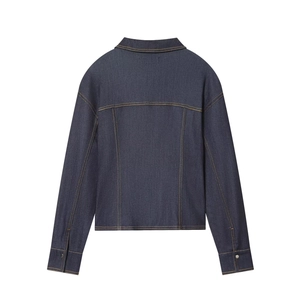 Detailed back view of a slim-fit dark blue denim jacket with contrast yellow stitching