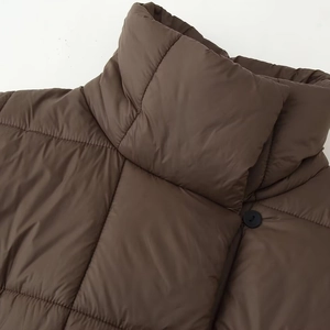 Women's 2025 winter brown quilted puffer jacket with stand collar and waist tie detail