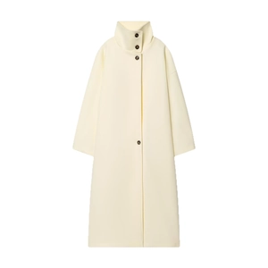 Women's cream wool-blend long coat featuring a stylish stand collar and dark buttons