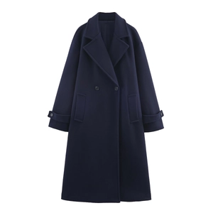 Classic dark blue long wool blend coat with double-breasted buttons and notched lapels
