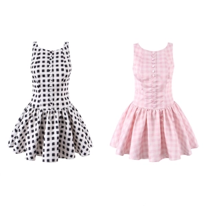 Women Casual Sleeveless Gingham Plaid Mini Dress Round Neck Single Breasted Buttons High Waist Pleated A-Line Satin Dress