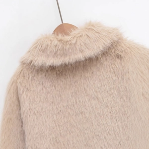 Chic beige faux fur winter jacket for women with wide collar and soft texture