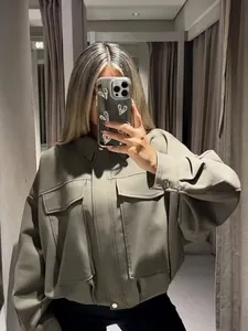 Women Casual Solid Color Bomber Jacket Long Sleeve Turn Down Collar Pocket Zipper Loose Cropped Outerwear Coat Army Green
