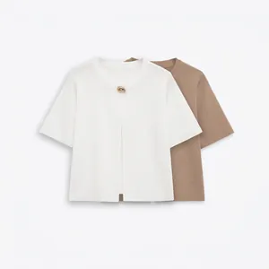 Women Elegant Round Neck Short Sleeve Knit Cardigan Top Gold Shell Button Polyester Sweater For Spring Summer Daily Wear
