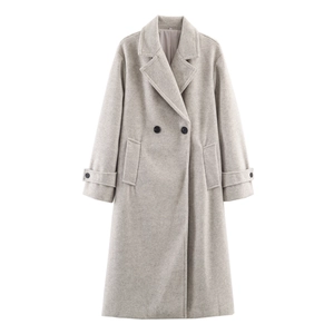 Classic light grey melange long wool coat with notched lapels and double-breasted buttons