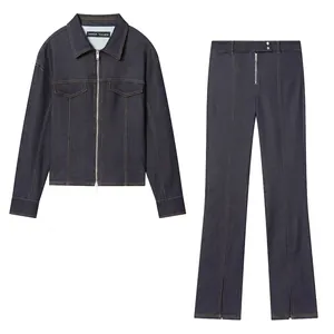 Women Dark Blue Denim Jacket And High Waist Split Hem Pants Outfit Contrast Stitching Zipper Casual Streetwear Set
