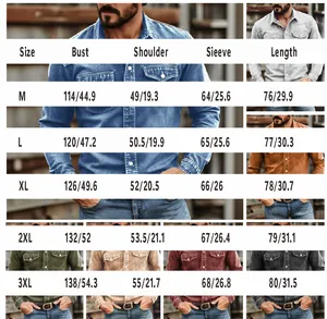Detailed size guide table for men's denim long sleeve shirt including M to 3XL measurements
