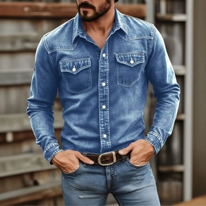 Classic men's long sleeve denim shirt in blue wash with dual chest pockets