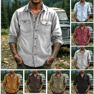 Men Vintage Cotton Blend Workwear Shirt Long Sleeve Outdoor Casual Lapel Shirt With Double Pockets Heavy Washed Solid Color Top