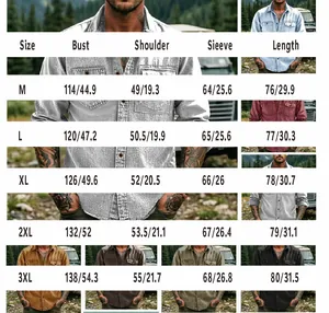 Detailed size chart for men's casual shirts showing measurements from M to 3XL sizes