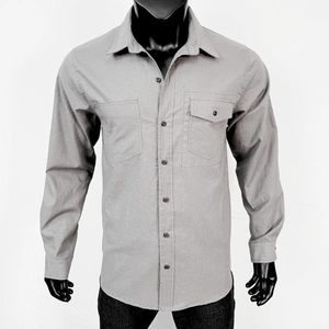 Detail of light gray men's casual long sleeve shirt showing chest pockets and texture