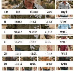 Detailed size chart for men's cotton linen shirts with bust and shoulder measurements