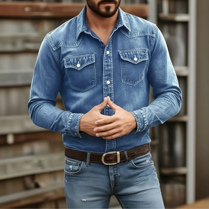 Detailed view of long sleeve denim shirt with double chest pockets and white buttons