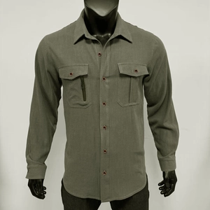 Detail of olive green cotton linen shirt with double flap pockets and zipper feature