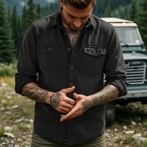 Rugged charcoal canvas work shirt for men featuring dual chest pockets and contrast buttons