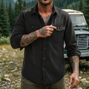 Detail of grey men's heavy cotton cargo shirt with double chest pockets in outdoor setting