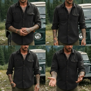 Deep grey long-sleeved work shirt for men featuring double chest pockets and rugged cotton fabric