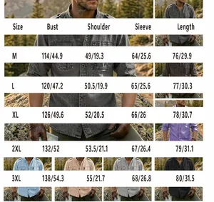 Detailed size chart for men's long sleeve cotton linen shirt with M to 3XL measurements
