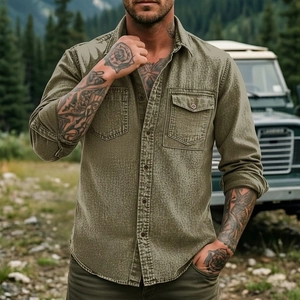 Close-up of olive green cargo shirt featuring double chest pockets in outdoor woods