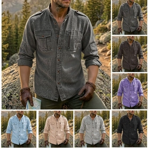 Men's Cotton Linen Long Sleeve Shirt Stand Collar Tactical Work Shirt Multi Pocket Outdoor Casual Military Style Button Top