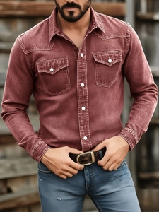 Detailed view of men's vintage rust red long sleeve work shirt with double chest pockets