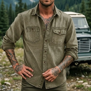 Olive green vintage utility shirt with double pockets and washed texture fabric