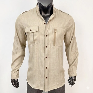 Detail of khaki cotton linen shirt featuring tactical chest pockets and military stand collar