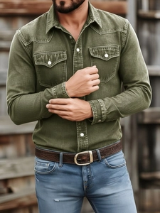 Detail of military green cargo shirt with dual chest pockets and white button closure