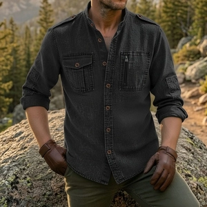 Detail of a tactical outdoor men's long-sleeve cotton shirt with functional multi-pocket design