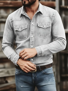 Detail of men's long sleeve denim shirt with double flap chest pockets and white buttons