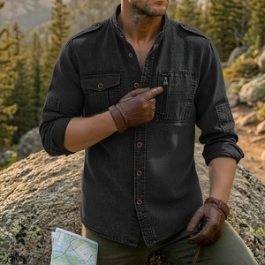 Detail of heavy-duty cotton men's tactical shirt with epaulettes and functional pockets