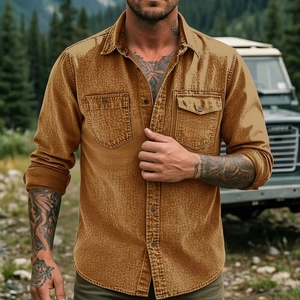 Men's khaki work shirt with double chest pockets and distressed cotton fabric detail