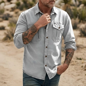 Detail of grey men's cotton linen shirt with utility chest pockets and zipper detail