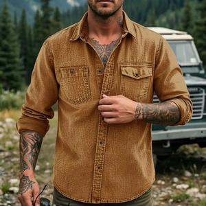 Men's tan heavy cotton outdoor shirt with long sleeves and dual chest pockets